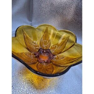 Vintage Mid-Century Amber Glass Lily Pons / Lotus Flower Bowl, 6-Petal Textured